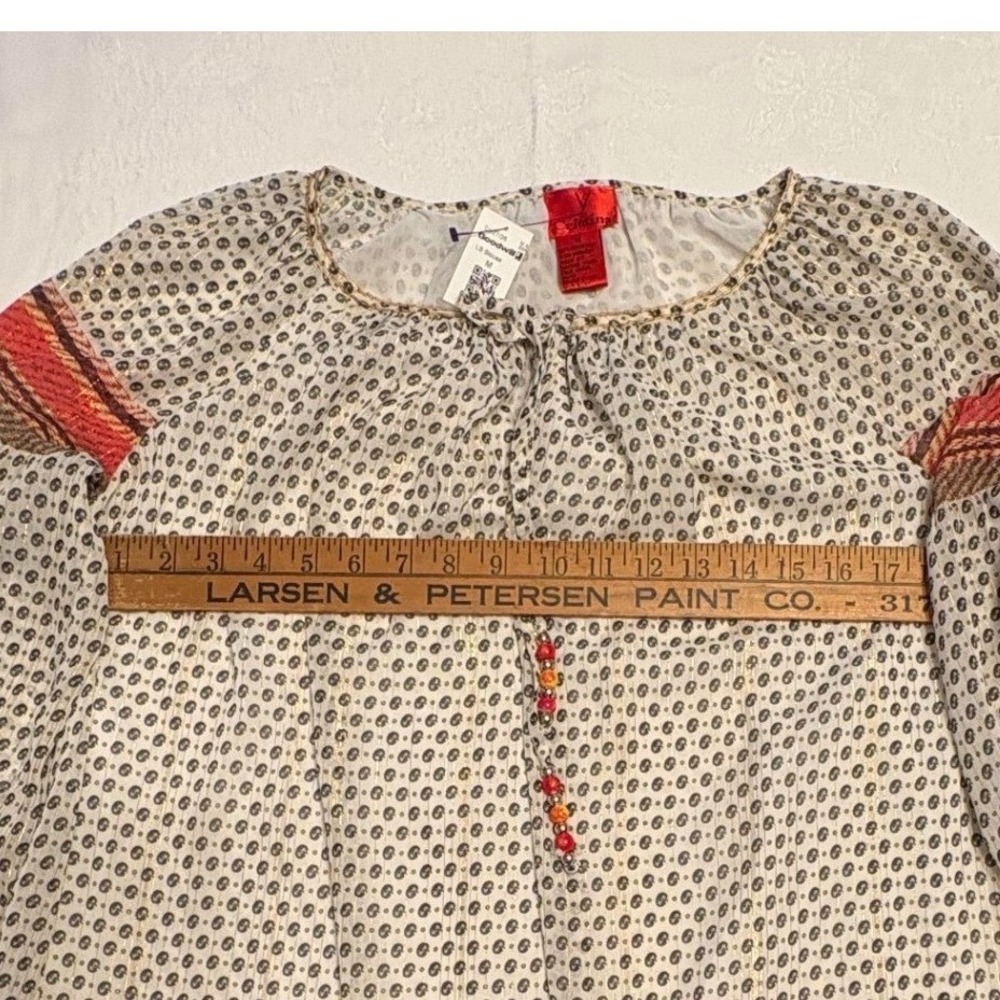 V Cristina Boho Paisley Gold Lurex Peasant Blouse Beaded Tie Top Cream Red M